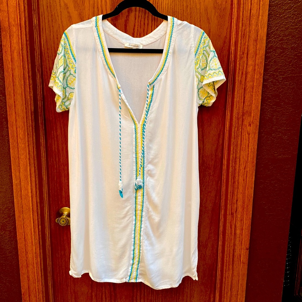 Francesca’s White with Teal and Yellow Stitch Detailing Bathing Suit Cover Up